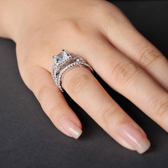 Princess Cut CZ Halo Engagement Ring for Women 925 Silver 14k Gold Plated - Picture 8 of 9